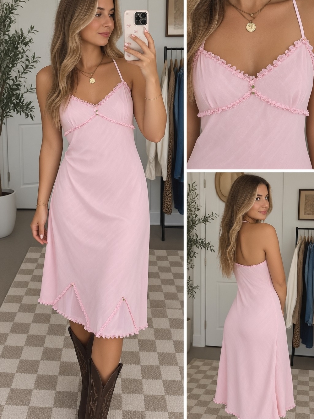 Vintage Delicate Pink Rosettes Slip Dress